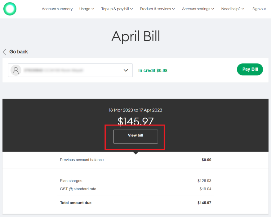 Screenshot My One NZ Web View Bill 