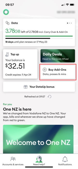 Screenshot My One NZ App My Flex AddOns Tile