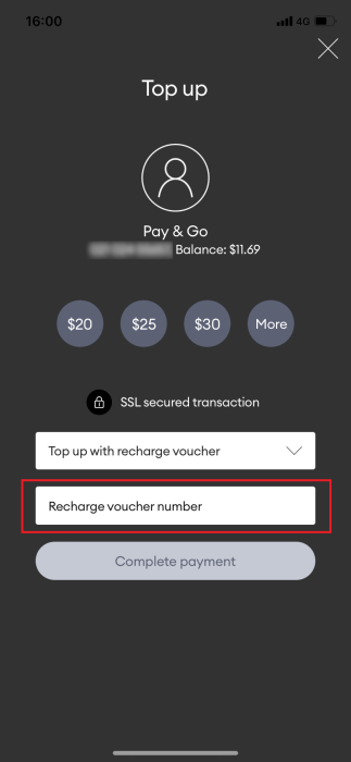 Screenshot My One NZ App Enter Voucher Number