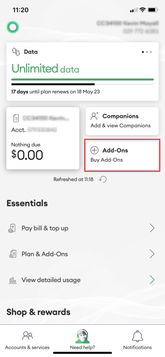 Screenshot My One NZ App AddOns Tile