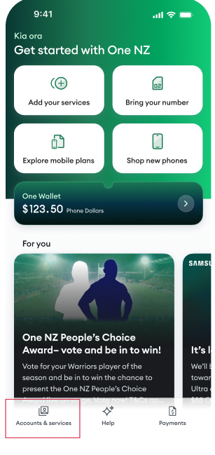 My One NZ App Select Account and Services tile