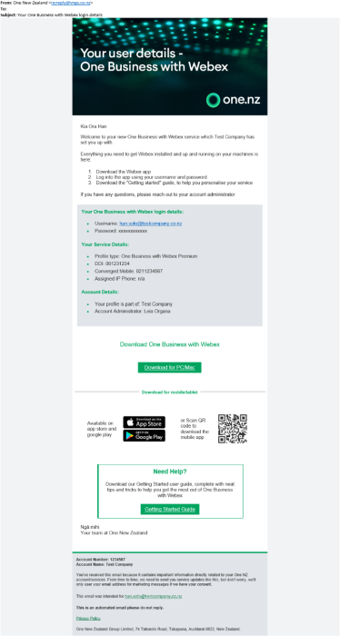 One Business with Webex - sample new user email