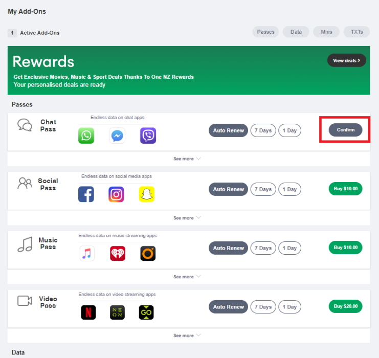 Screenshot My One NZ Web AddOns Confirm Purchase