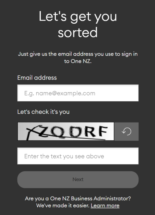 Screenshot My One NZ Web Forgot Password Screen
