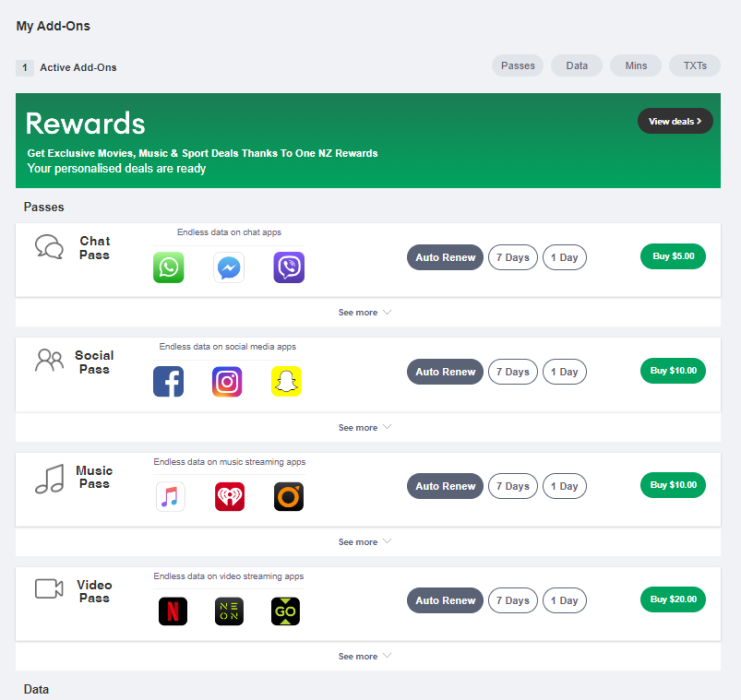 Screenshot My One NZ Web AddOns Passes