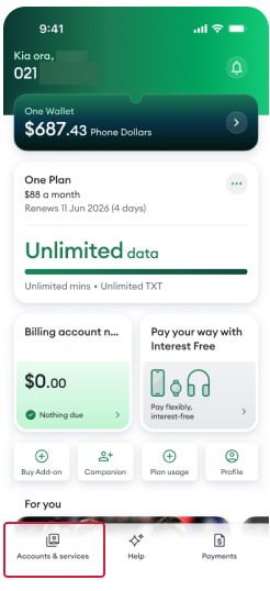 My One NZ App Select Accounts & Services Tile