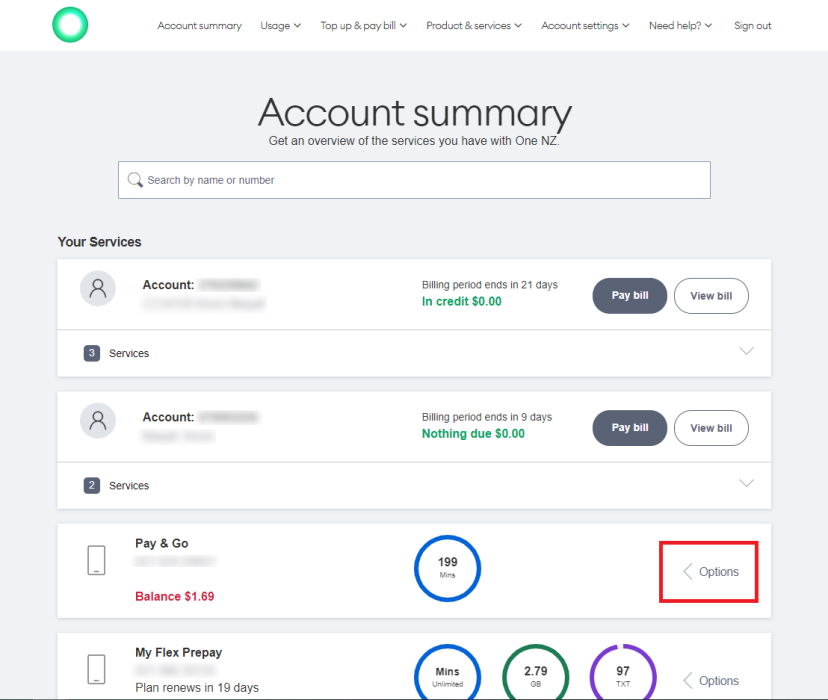 Screenshot My One NZ Web Prepay Options