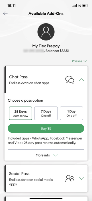 Screenshot My One NZ App AddOns Buy Pass