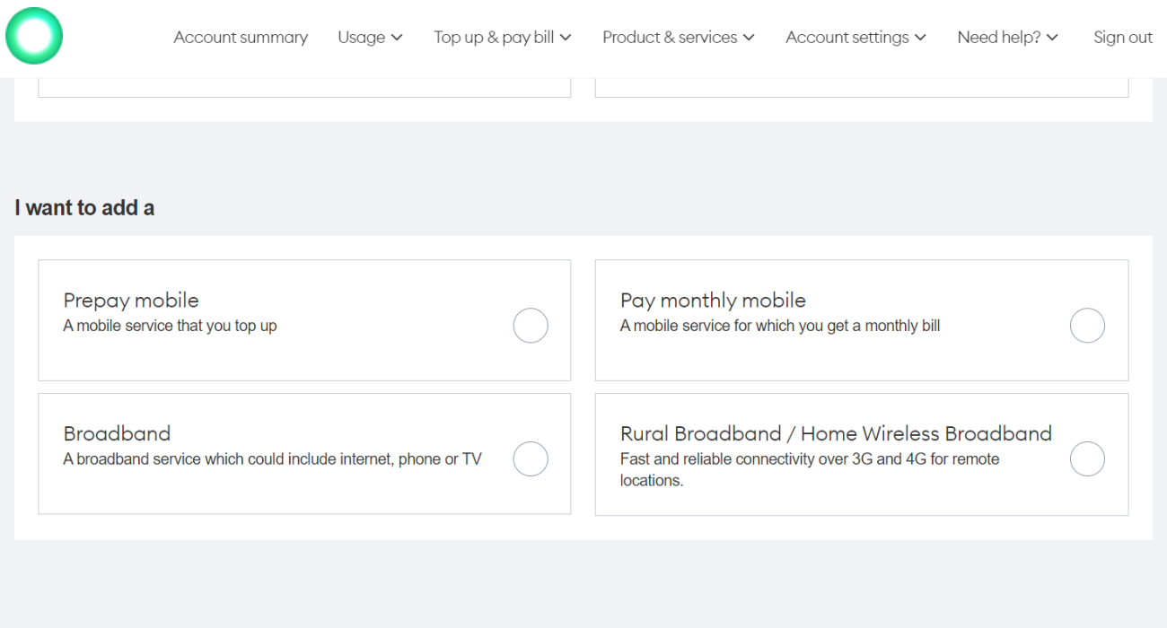 Screenshot My One NZ Web Add a Service Account Type