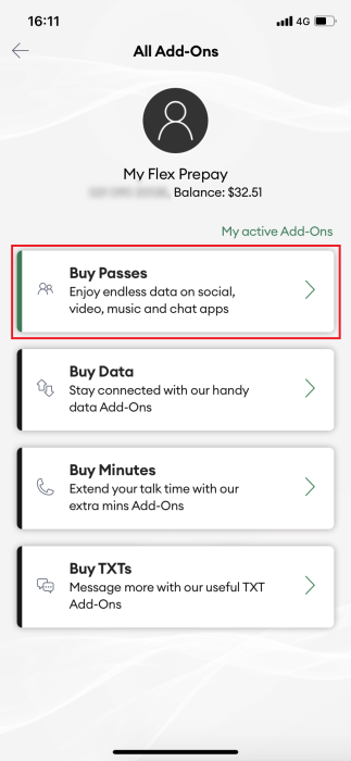 Screenshot My One NZ App AddOns Buy Passes Option