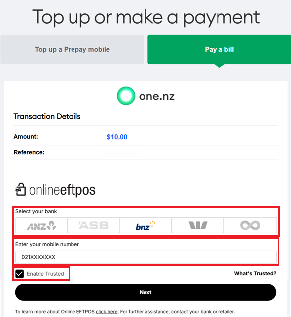 My One NZ Web Eftpos Select Bank Options