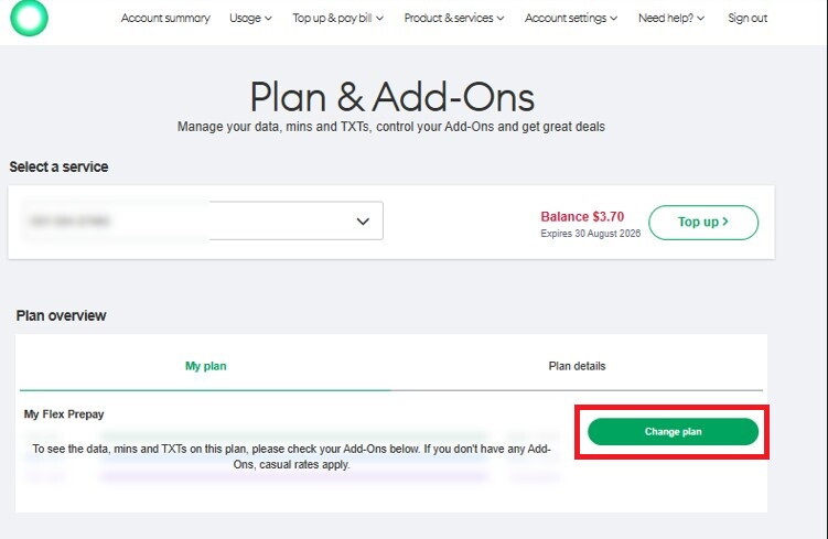 Screenshot My One NZ Web Change Plan