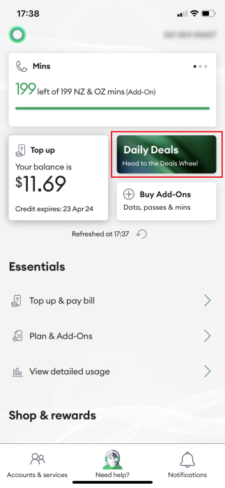 Screenshot My One NZ App Prepay Daily Deals Tile