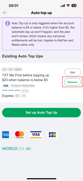 Screenshot My One NZ App Remove Auto Topup