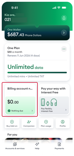 My One NZ APP Select Billing Tile