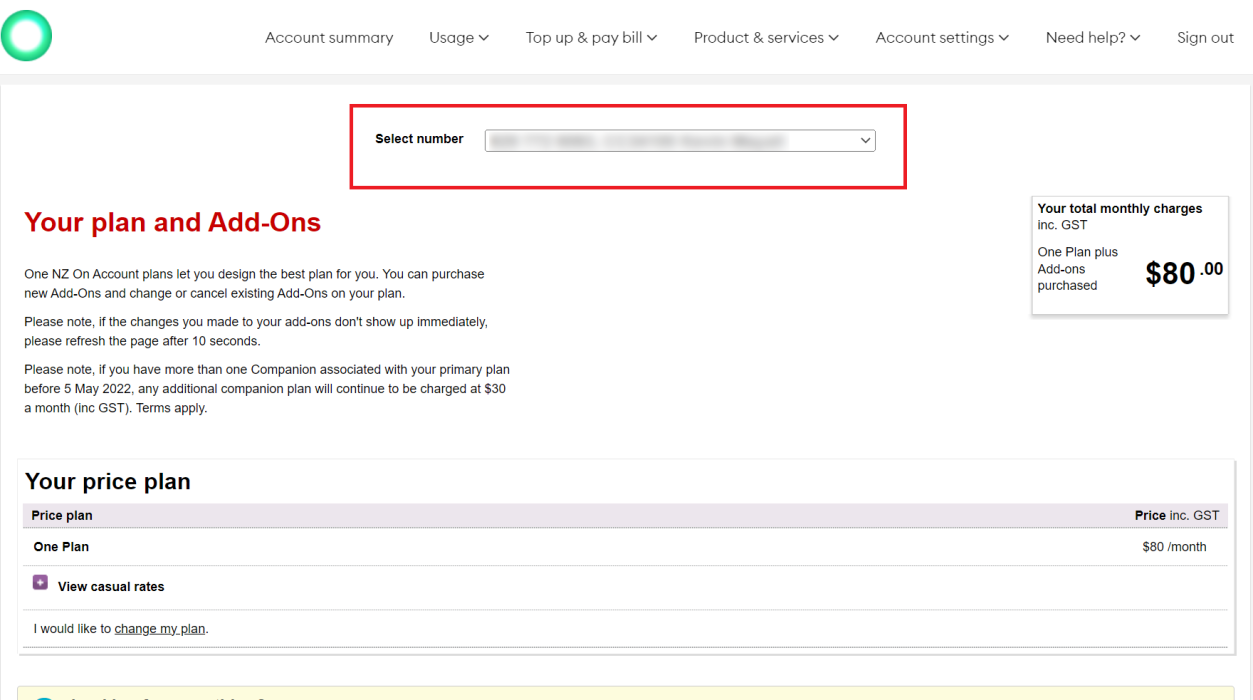 Screenshot My One NZ Web Plan and AddOns