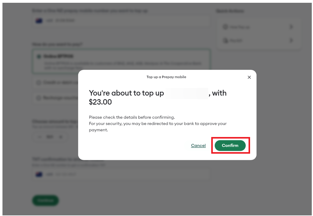 Top Up Prepay Mobile Confirmation Pop Up