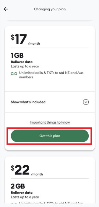 Screenshot My One NZ App Get this plan