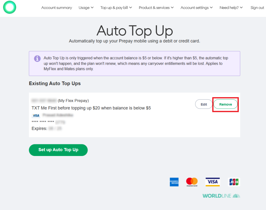 Screenshot My One NZ Web Remove Auto Topup