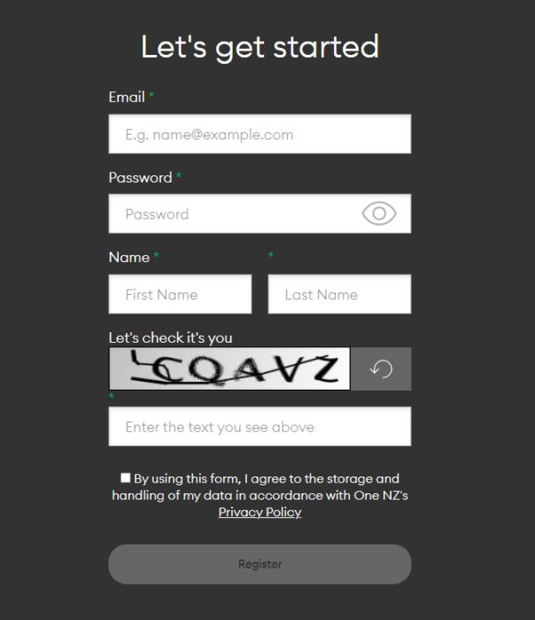 Screenshot My One NZ App Register Screen