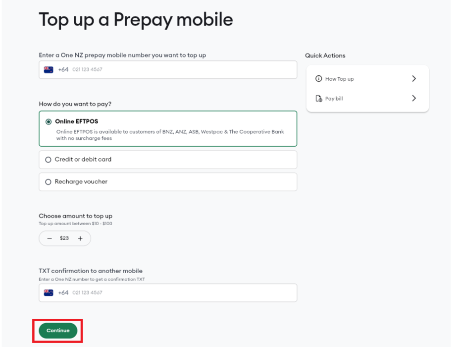 Top Up Prepay Mobile Select Continue