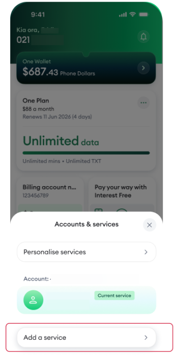 My One NZ App Existing Services Select Add a Service