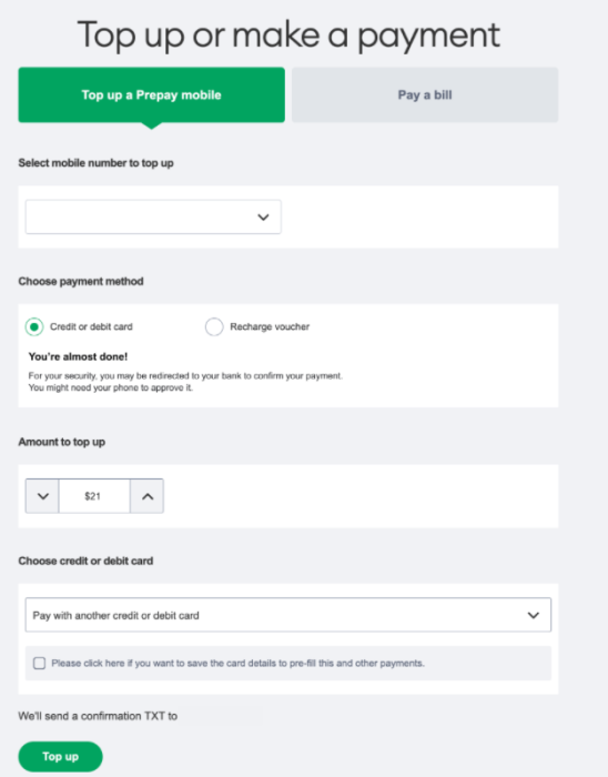 My One NZ Web Top Up or make a payment Credit Card Selected Security Message