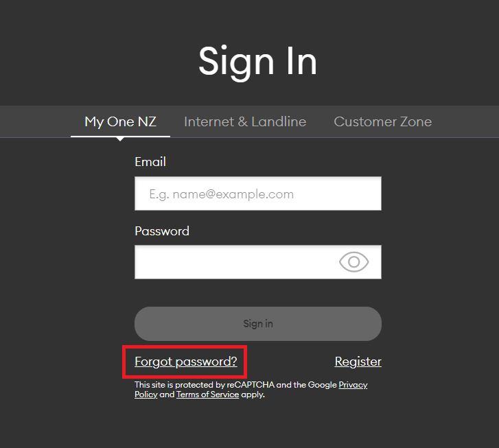 Screenshot My One NZ Web Login Forgot Password