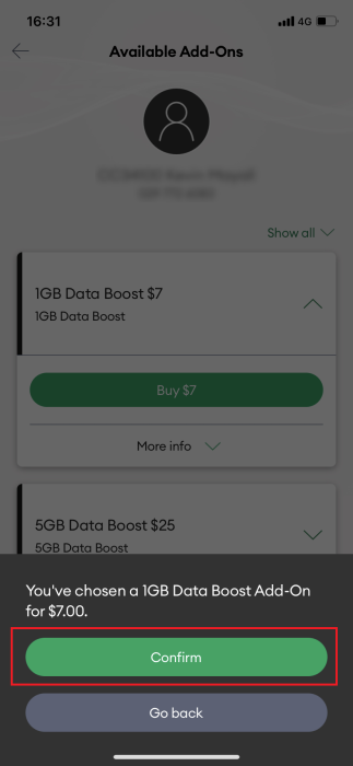 Screenshot My One NZ App confirm buying data Add-Ons.