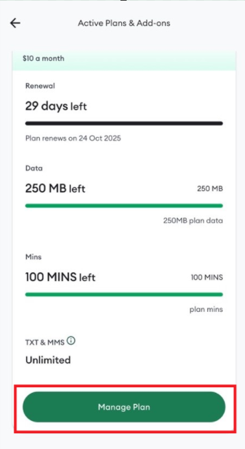 Screenshot My One NZ App Prepay Manage Plan Button