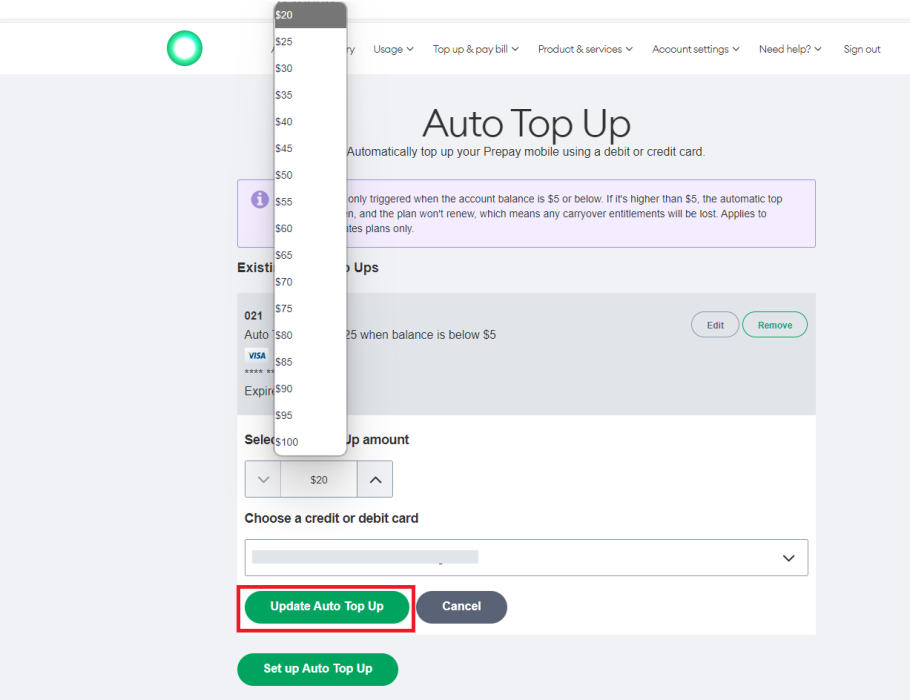 autotop up amount drop down website
