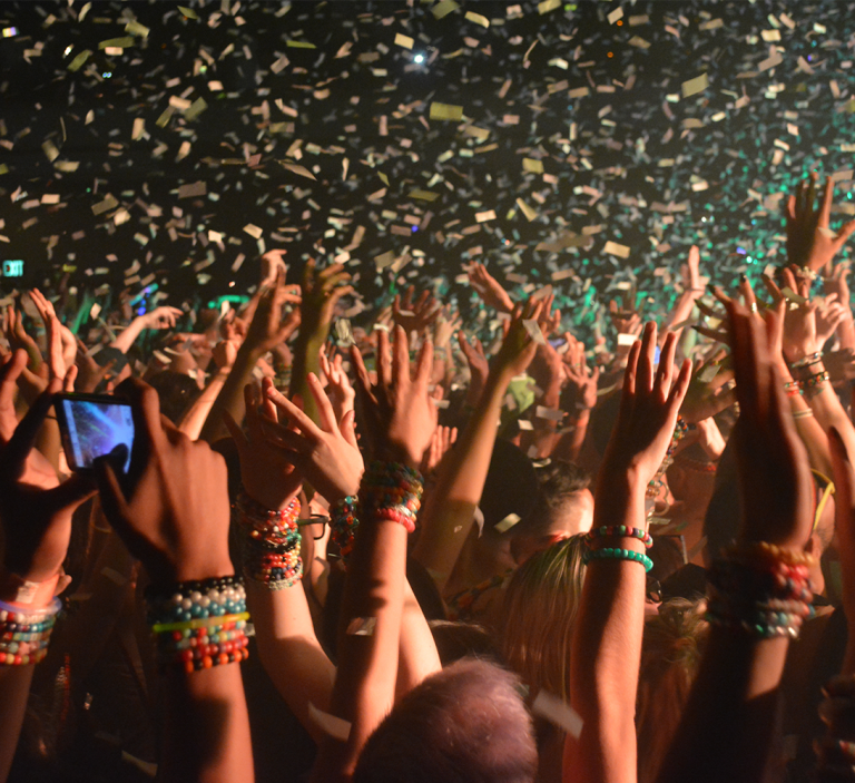 A massive crowd of people, dancing at a concert.
