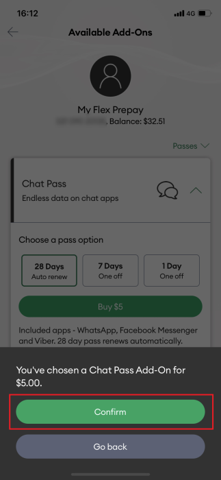 Screenshot My One NZ App AddOns Confirm Purchase