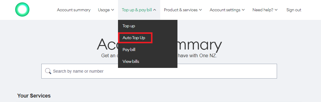 Screenshot My One NZ Web Auto Topup