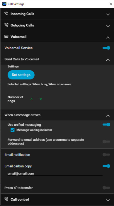 Webex Screenshot - voicemail settings