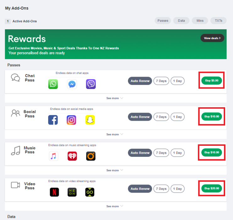 Screenshot My One NZ Web AddOns Buy Passes
