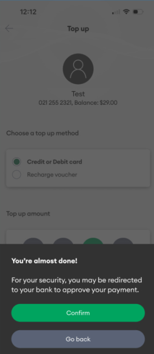 My One NZ App Top Up Security Message Pop Up