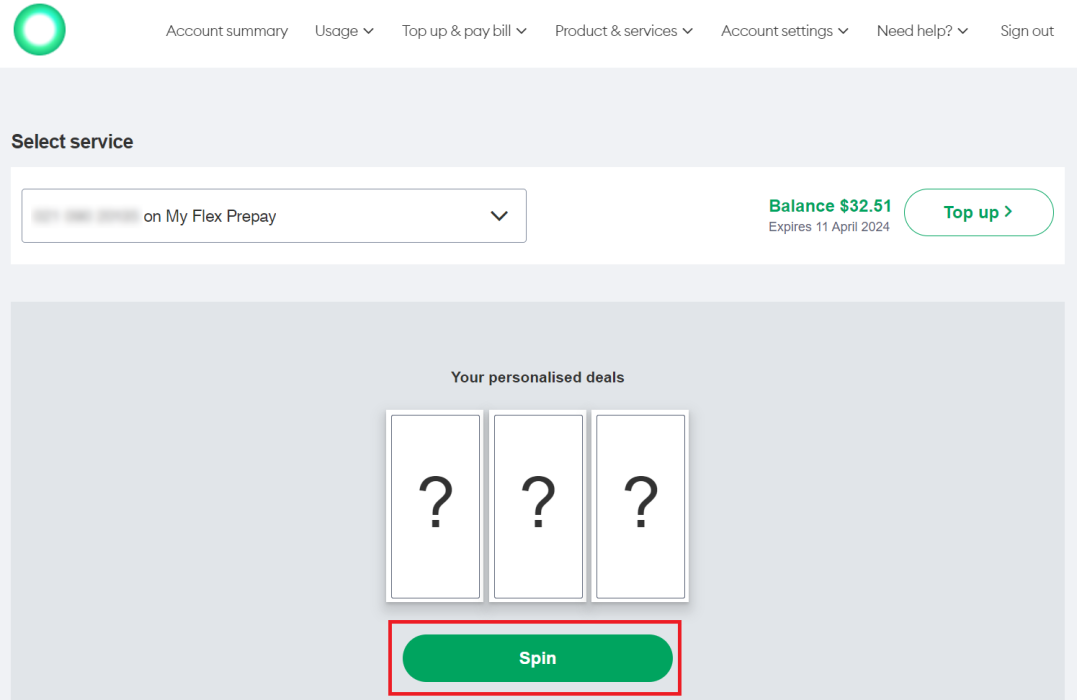Screenshot My One NZ Web Prepay Deals Spin