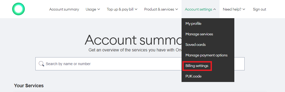 Screenshot My One NZ Web Billing Settings Option
