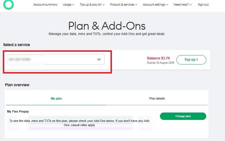Screenshot My One NZ Web Select a Service