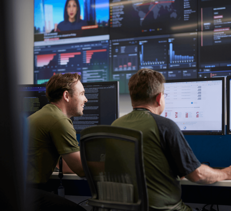 Two men colleagues looking at a screen monitor.