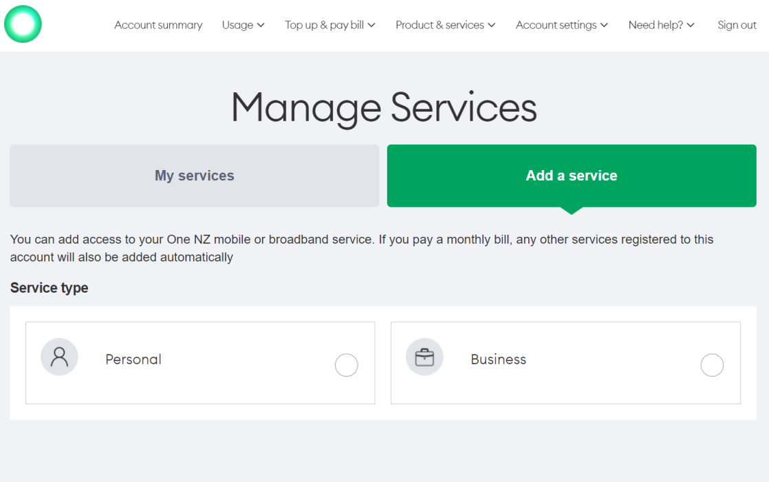 Screenshot My One NZ Web Add a Service Type