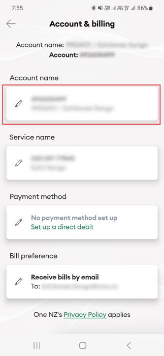 Screenshot My One NZ App Edit Account Name