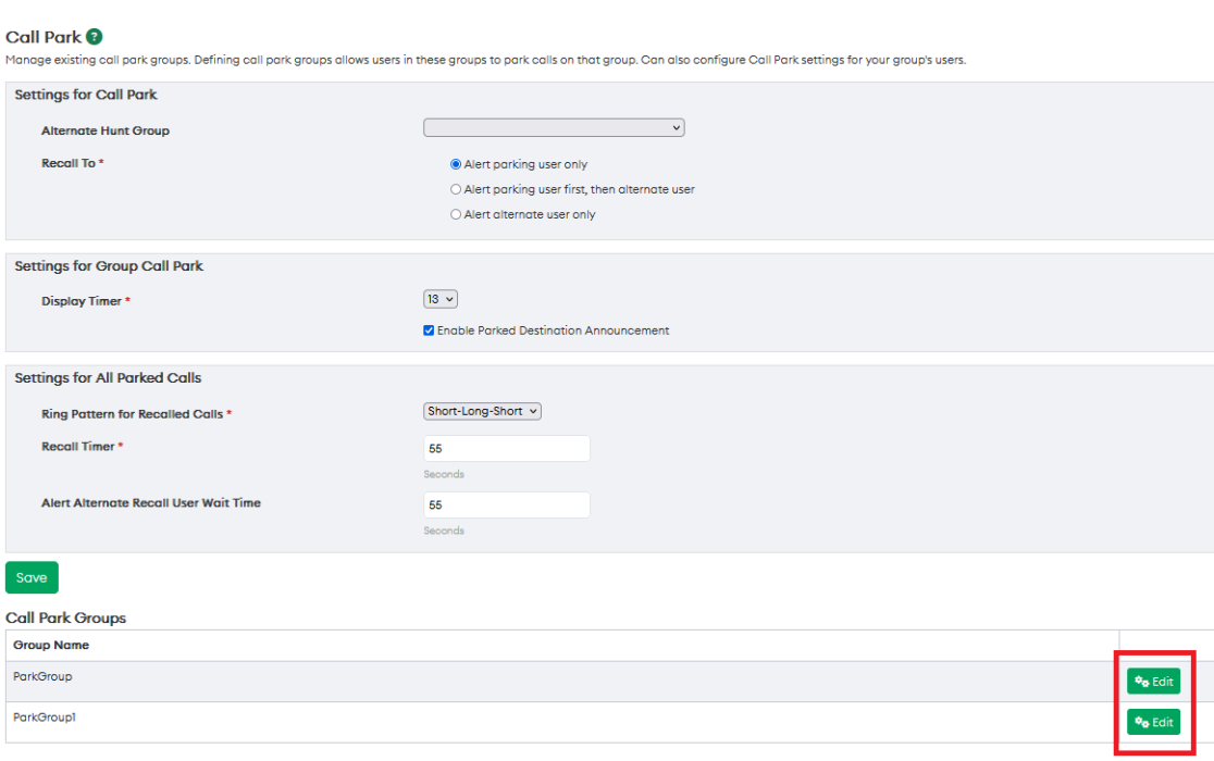 Partner Portal Call Park Edit