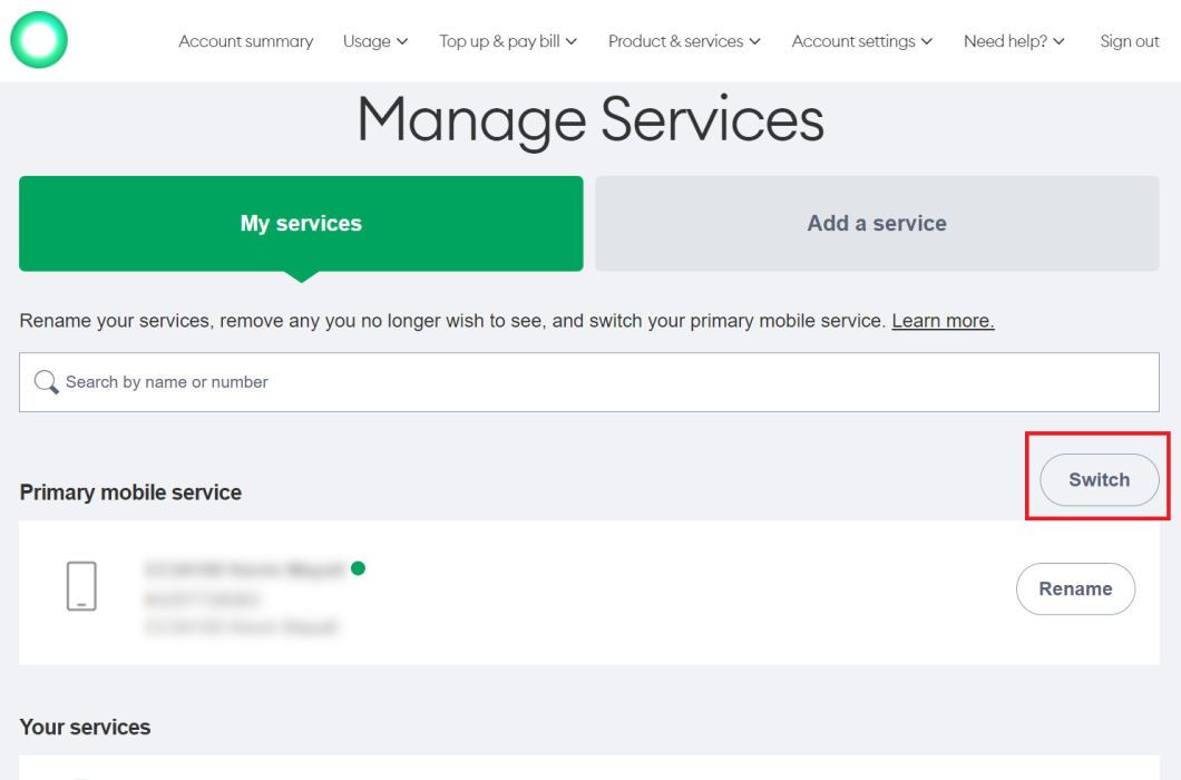 Screenshot My One NZ Web Switch Primary Service